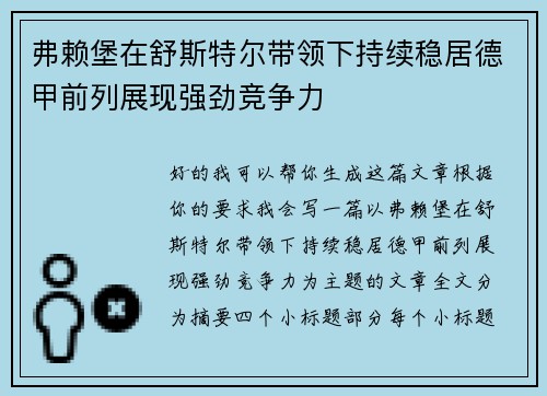 弗赖堡在舒斯特尔带领下持续稳居德甲前列展现强劲竞争力